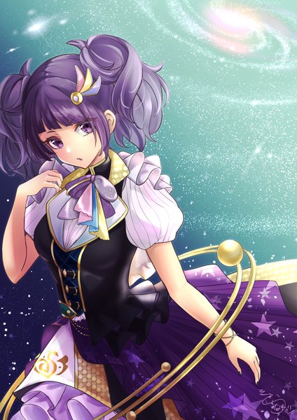 Anime picture 3541x5016 with idolmaster idolmaster shiny colors tanaka mamimi sodemaru unagi single tall image looking at viewer fringe highres short hair purple eyes twintails absurdres purple hair puffy sleeves short twintails girl dress star (symbol) star (stars)