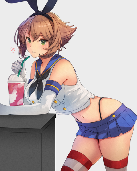 Anime picture 800x1000 with kantai collection shimakaze destroyer mutsu battleship kasumi (skchkko) single tall image looking at viewer blush fringe short hair breasts light erotic simple background smile hair between eyes brown hair large breasts green eyes parted lips grey background