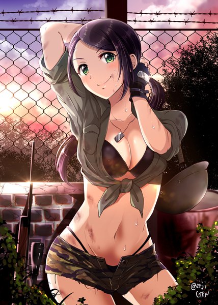 Anime picture 1011x1417 with idolmaster idolmaster cinderella girls yamato aki gen (enji) single long hair tall image looking at viewer blush fringe breasts light erotic smile large breasts standing green eyes signed payot sky cleavage