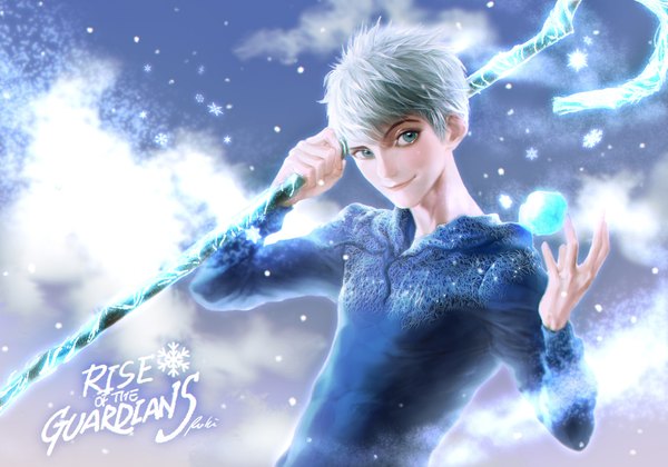 Anime picture 1993x1397 with rise of the guardians dreamworks jack frost (rise of the guardians) rukiana single looking at viewer highres short hair smile grey hair inscription grey eyes snowing winter boy staff snowflake (snowflakes)