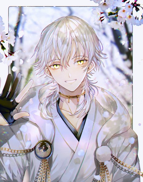 Anime picture 1670x2130 with touken ranbu nitroplus tsurumaru kuninaga abandon ranka single long hair tall image looking at viewer fringe smile yellow eyes silver hair upper body traditional clothes japanese clothes cherry blossoms boy gloves black gloves partly fingerless gloves