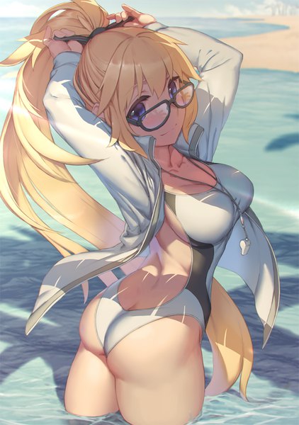 Anime picture 704x1000 with fate (series) fate/grand order jeanne d'arc (fate) (all) jeanne d'arc (swimsuit archer) rotix single long hair tall image looking at viewer fringe breasts blue eyes light erotic blonde hair smile hair between eyes large breasts standing payot cleavage