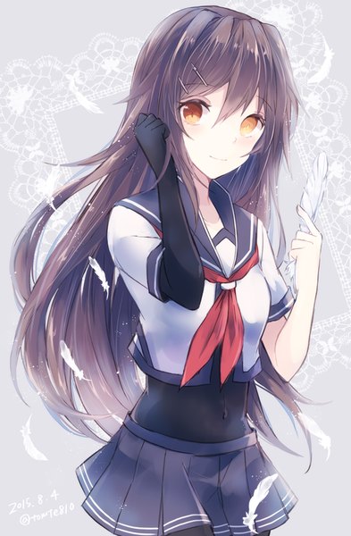 Anime picture 525x800 with kantai collection furutaka heavy cruiser kabocha torute single long hair tall image looking at viewer blush fringe smile brown hair holding yellow eyes pleated skirt adjusting hair girl skirt gloves navel uniform