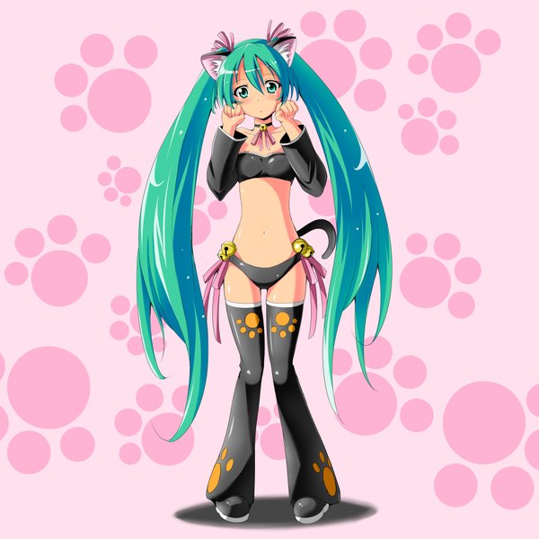 Anime picture 4000x4000 with vocaloid hatsune miku reki 48 single blush highres light erotic twintails green eyes animal ears absurdres very long hair green hair cat ears cat girl cat tail girl thighhighs navel ribbon (ribbons)