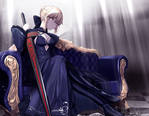 Anime picture 1823x1425 with fate (series) fate/stay night artoria pendragon (all) saber alter untue single looking at viewer fringe highres short hair breasts blonde hair hair between eyes sitting holding cleavage full body indoors long sleeves head tilt