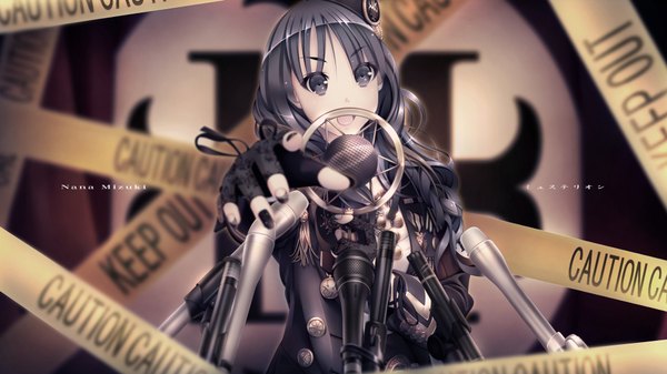 Anime picture 1920x1080 with vocaloid real life mizuki nana ekureeru (artist) fringe highres open mouth wide image nail polish grey hair grey eyes singing girl hair ornament fingerless gloves microphone microphone stand caution tape