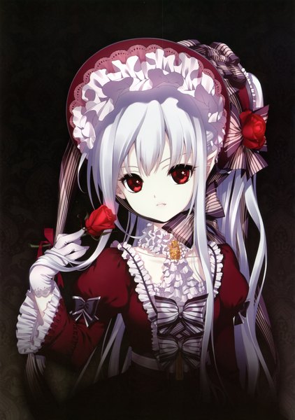 Anime picture 2455x3493 with snow ring - la vie en rose (artbook) shirahane nao long hair tall image highres red eyes white hair loli lolita fashion girl dress gloves flower (flowers) hat rose (roses) red rose