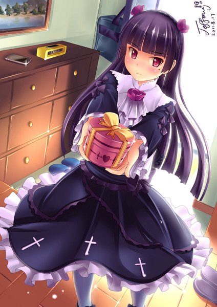 Anime picture 1000x1414 with ore no imouto ga konna ni kawaii wake ga nai gokou ruri jeffery (backam) single long hair tall image blush red eyes purple hair lolita fashion goth-loli girl dress bow frills headdress clock gift phone alarm clock