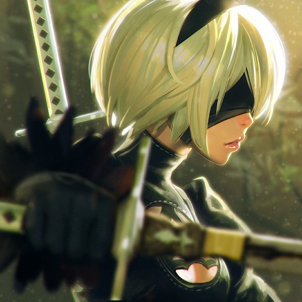 Anime picture 1080x1080 with nier nier:automata yorha no. 2 type b ilya kuvshinov single fringe short hair blonde hair holding cleavage outdoors parted lips profile lips blurry lipstick portrait outstretched hand fighting stance pink lipstick