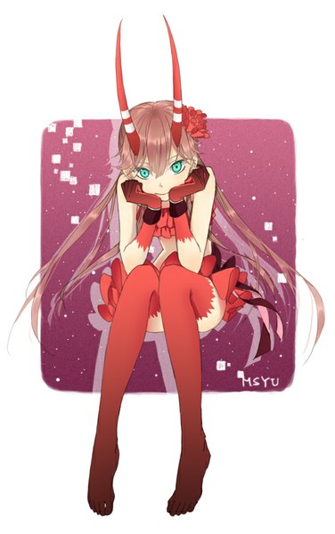 Anime picture 535x853 with c: the money of soul and possibility control mashu (c) io (sinking=carousel) single long hair tall image looking at viewer fringe simple background smile brown hair white background sitting green eyes hair flower horn (horns) bare belly no shoes oni horns head rest