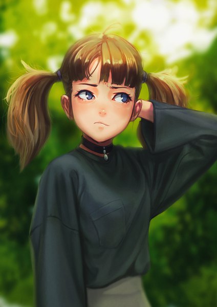 Anime picture 1300x1838 with original jungon jungon kim single long hair tall image blue eyes brown hair twintails looking away upper body ahoge blurry wide sleeves arm behind head girl plant (plants) choker pendant hair tie