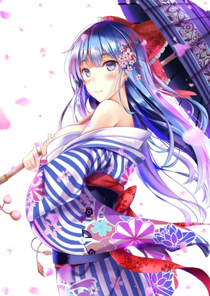 Anime picture 1447x2039 with original hasaya single long hair tall image blush blue eyes blue hair traditional clothes japanese clothes hair flower girl hair ornament flower (flowers) petals kimono umbrella
