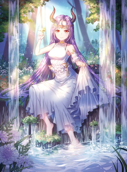 Anime picture 800x1080 with original roang single tall image looking at viewer fringe breasts red eyes bare shoulders holding purple hair outdoors tail very long hair barefoot arm up horn (horns) light smile sunlight sparkle