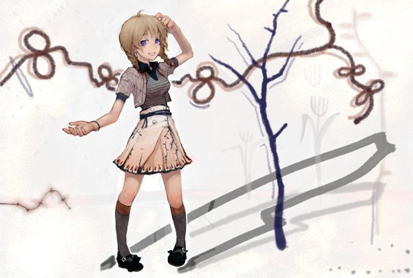 Anime picture 2400x1619 with original madokansuzuki (artist) highres short hair blonde hair purple eyes ahoge braid (braids) twin braids girl plant (plants) tree (trees) socks bracelet