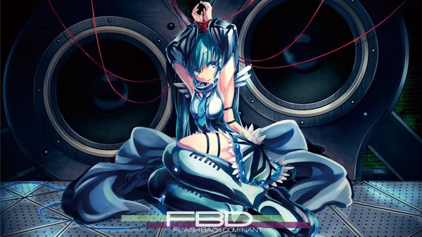 Anime picture 1920x1080 with vocaloid hatsune miku k2pudding single long hair looking at viewer blush highres light erotic wide image sitting aqua eyes aqua hair arms up armpit (armpits) bondage bound hands girl thighhighs skirt