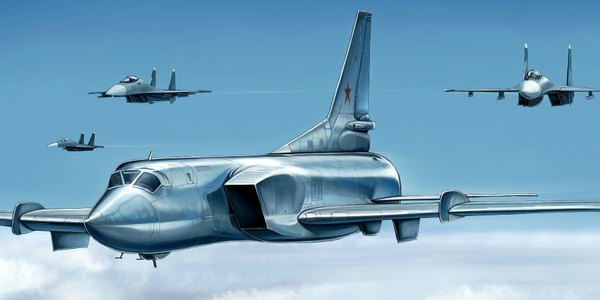 Anime picture 1800x900 with original kcme highres wide image sky cloud (clouds) outdoors flying no people condensation trail aircraft airplane jet tu-22m