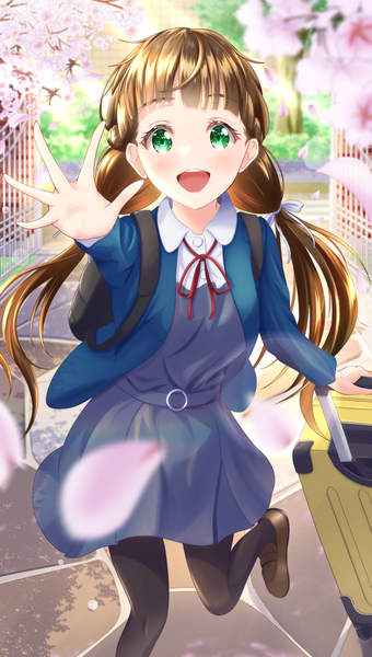 Anime picture 1587x2800 with hello!!! love live! sunrise (studio) love live! sakurakouji kinako sa07 drawing single long hair tall image looking at viewer blush fringe open mouth smile brown hair twintails holding green eyes blunt bangs :d low twintails