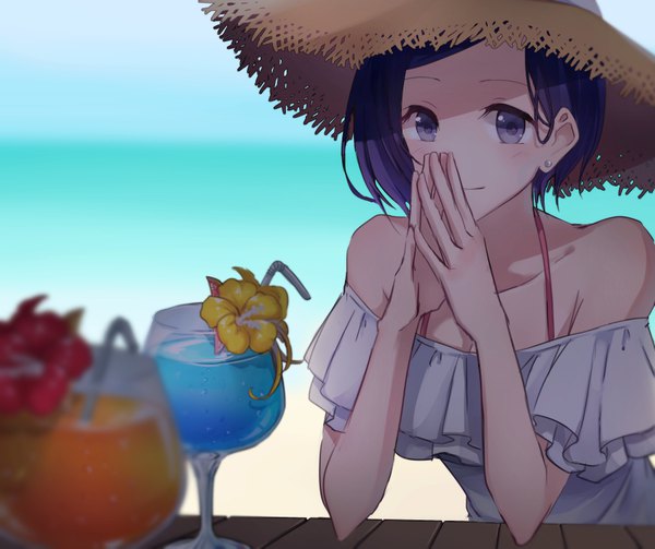 Anime picture 900x755 with original kusaka kou single short hair purple eyes bare shoulders looking away purple hair beach shaded face horizon fingers together girl hat earrings drink straw hat stud earrings cocktail glass cocktail