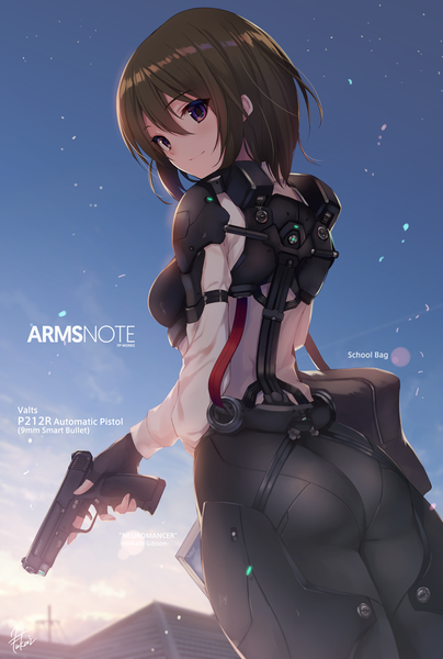 Anime picture 715x1060 with arms note fukai ryosuke single tall image looking at viewer fringe short hair light erotic hair between eyes brown hair purple eyes holding signed sky ass looking back light smile from behind sunlight from below