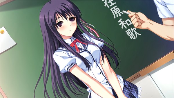 Anime picture 1280x720 with tojita sekai no tori colony long hair blush red eyes wide image game cg purple hair girl skirt uniform ribbon (ribbons) hair ribbon school uniform