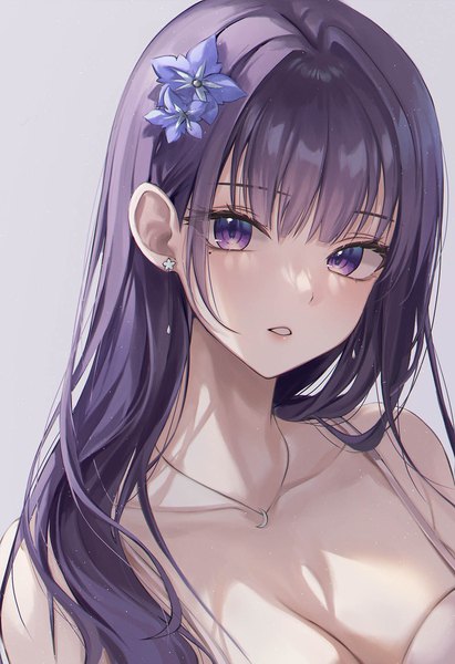 Anime picture 1200x1753 with genshin impact raiden shogun rine (rine on) single long hair tall image looking at viewer blush fringe breasts simple background purple eyes cleavage purple hair upper body blunt bangs parted lips head tilt hair flower grey background