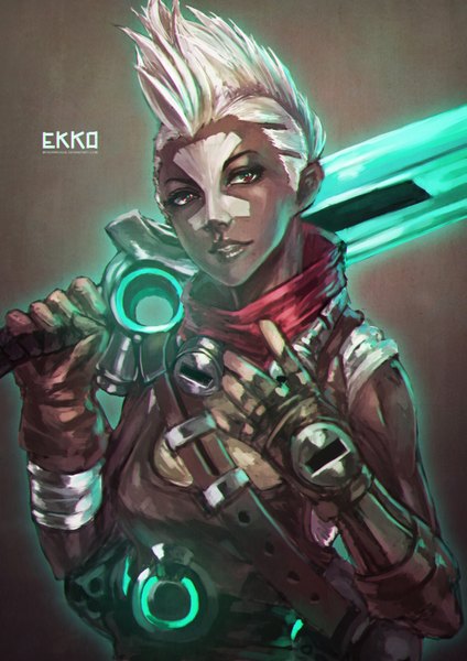 Anime picture 2477x3508 with league of legends ekko (league of legends) monori rogue single tall image looking at viewer highres short hair simple background brown eyes white hair lips dark skin brown background genderswap girl gloves weapon sword scarf
