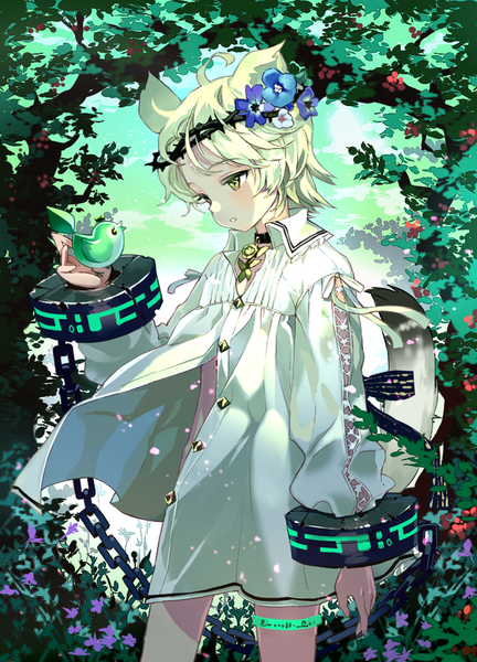 Anime picture 750x1042 with trickster: i wish to become a summoner mimi (ranma3049) single tall image blush short hair blonde hair animal ears ahoge outdoors tail animal tail wind open shirt androgynous bird on hand boy flower (flowers) plant (plants) animal