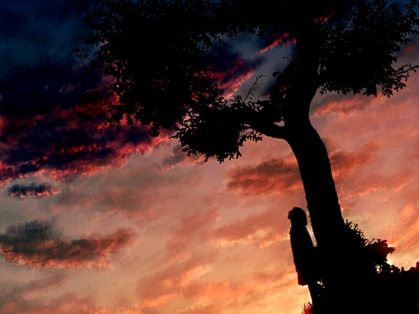 Anime picture 1000x750 with original kibunya 39 short hair black hair sky cloud (clouds) evening sunset landscape silhouette girl plant (plants) tree (trees)