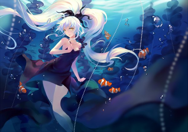 Anime picture 1315x930 with original criin single looking at viewer bare shoulders yellow eyes white hair very long hair underwater girl animal sundress bubble (bubbles) fish (fishes)
