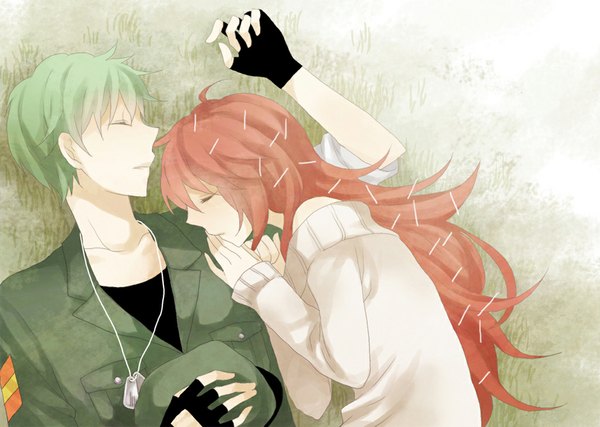 Anime picture 1024x729 with happy tree friends flippy flaky kiri (lwp01 lav) long hair short hair red hair lying eyes closed profile hug open collar sleeping hands clasped military personification girl boy gloves uniform