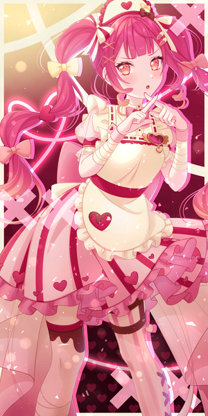 Anime picture 2160x4320 with original pochimaru (marumaru wanwan) single long hair tall image looking at viewer blush fringe highres twintails payot pink hair pink eyes :o drill hair heart print x fingers girl hair ornament bow