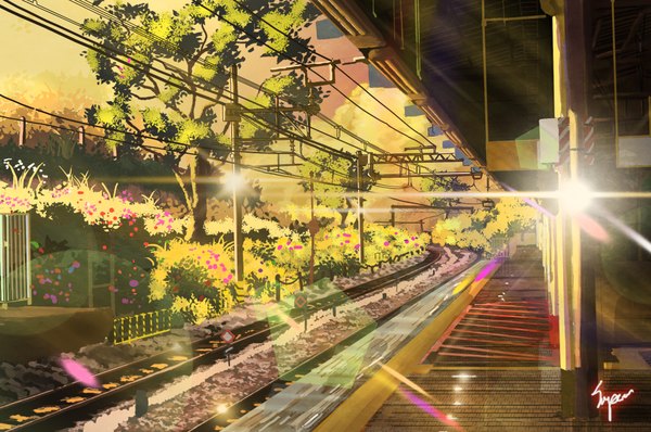Anime picture 2240x1488 with original niko p highres signed sunlight no people landscape sunbeam scenic flower (flowers) plant (plants) tree (trees) train station