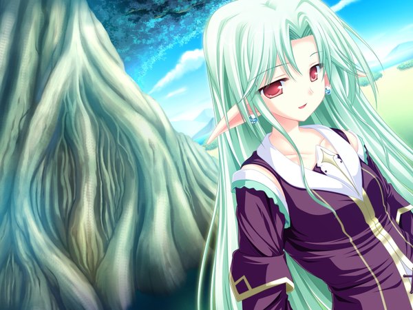 Anime picture 1600x1200 with magus tale whirlpool (studio) cecile absentia tenmaso long hair looking at viewer red eyes game cg green hair pointy ears elf girl plant (plants) earrings tree (trees)