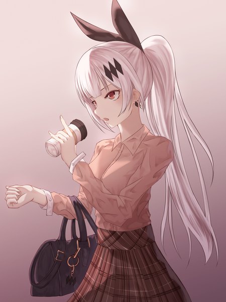 Anime picture 3000x4000 with girls frontline five-seven (girls frontline) yagyun single long hair tall image fringe highres breasts open mouth simple background standing holding brown eyes payot looking away upper body white hair ponytail blunt bangs