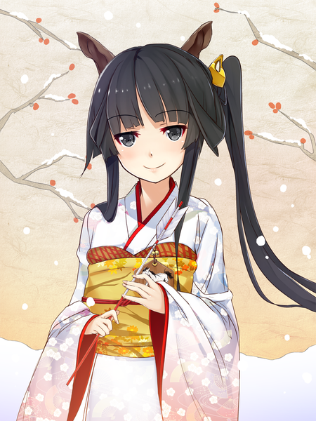Anime picture 900x1200 with original kawasaki kana single long hair tall image blush fringe black hair smile animal ears ponytail blunt bangs traditional clothes japanese clothes wide sleeves grey eyes side ponytail snowing winter snow