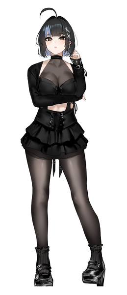 Anime picture 2182x5051 with original irene (kanniiepan) kanniiepan single tall image looking at viewer fringe highres short hair breasts light erotic black hair simple background standing white background brown eyes full body ahoge long sleeves nail polish