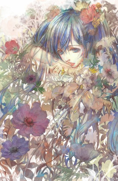 Anime picture 600x920 with vocaloid hatsune miku shikaji kashikai single tall image fringe blue eyes twintails blue hair lying very long hair parted lips hair flower lipstick looking down red lipstick summer girl flower (flowers) anemone (flower)