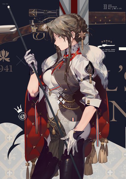 Anime picture 700x992 with girls frontline lee-enfield (girls frontline) coralstone single long hair tall image blue eyes brown hair looking away profile character names girl gloves hair ornament weapon boots white gloves gun thigh boots tassel