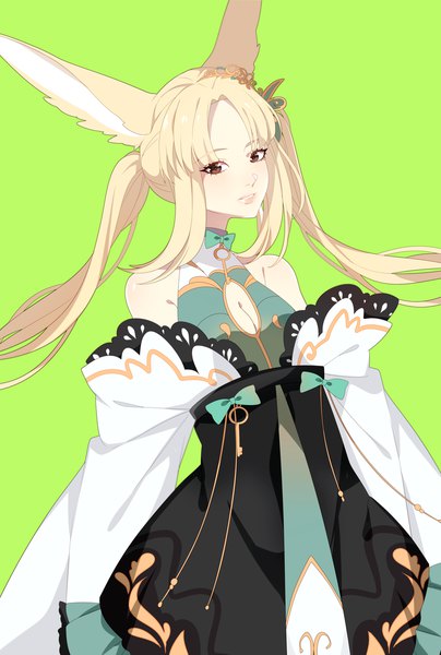 Anime picture 900x1337 with samascqua single long hair tall image looking at viewer simple background blonde hair standing twintails bare shoulders brown eyes animal ears payot light smile off shoulder wide sleeves sleeves past wrists cleavage cutout green background girl