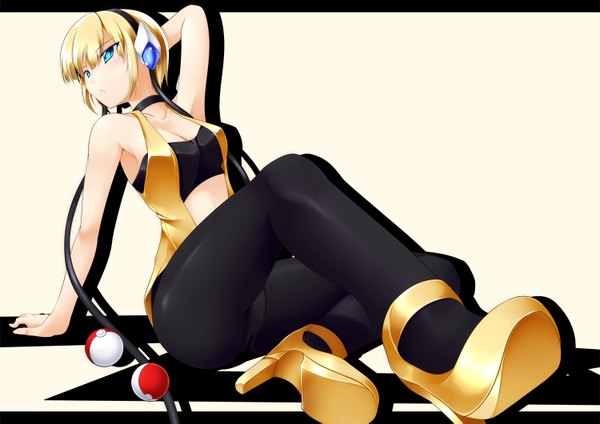 Anime picture 1500x1061 with pokemon pokemon black and white nintendo elesa (pokemon) gisyo single highres short hair blue eyes blonde hair white background looking away girl pantyhose headphones pokeball