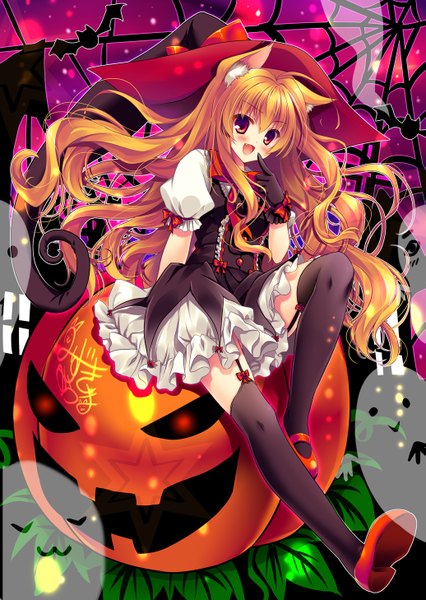 Anime picture 1035x1457 with original mizuki yuuma single long hair tall image blush open mouth red eyes animal ears orange hair halloween ghost girl thighhighs dress gloves black thighhighs hat black gloves witch hat