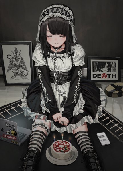 Anime picture 2569x3576 with original baphomet nadegata single long hair tall image fringe highres black hair smile sitting blunt bangs eyes closed long sleeves puffy sleeves striped lolita fashion clothes writing underbust gothic