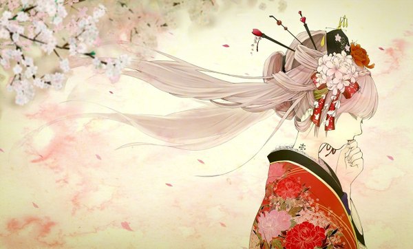 Anime picture 1280x774 with vocaloid hatsune miku saoriri single long hair wide image eyes closed japanese clothes profile tattoo girl hair ornament flower (flowers) petals kimono hairclip branch