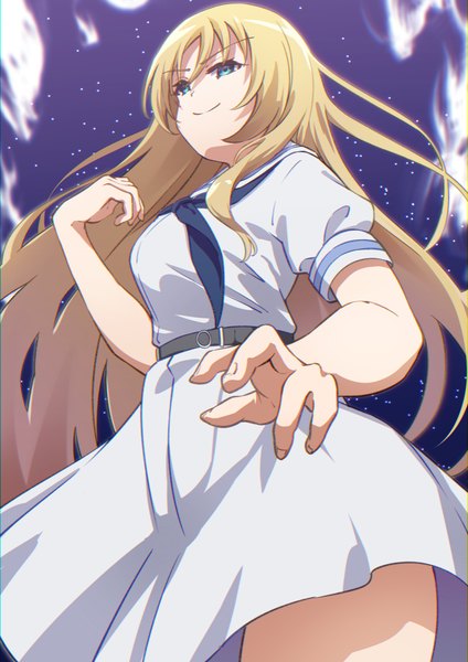 Anime picture 2894x4093 with saki oohoshi awai tomotomo (awai) single long hair tall image highres blue eyes blonde hair smile looking away from below girl sailor dress