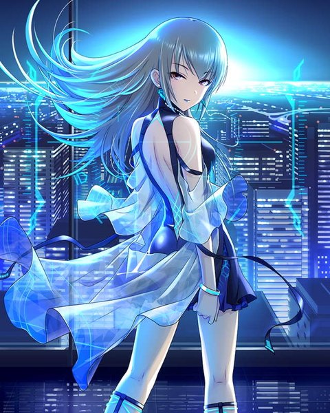 Anime picture 640x800 with idolmaster idolmaster cinderella girls takamine noa single long hair tall image looking at viewer fringe standing bare shoulders brown eyes blue hair sky silver hair looking back multicolored hair light smile wind official art short sleeves