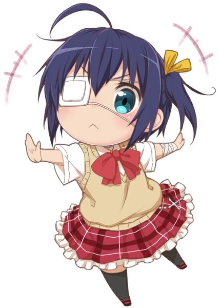 Anime picture 572x800 with chuunibyou demo koi ga shitai! kyoto animation takanashi rikka komase (jkp423) single tall image blush short hair simple background white background looking away purple hair ahoge aqua eyes one side up spread arms chibi :< girl thighhighs