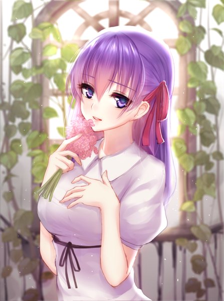 Anime picture 600x805 with fate (series) fate/stay night matou sakura mallizmora single long hair tall image looking at viewer blush fringe hair between eyes purple eyes holding purple hair upper body indoors parted lips head tilt sunlight short sleeves