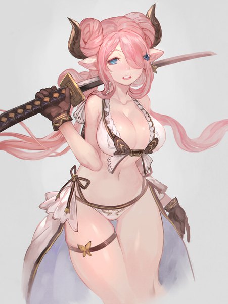 Anime picture 1503x2000 with granblue fantasy narmaya (granblue fantasy) narmaya (summer) (granblue fantasy) lack single long hair tall image fringe breasts open mouth blue eyes light erotic simple background large breasts holding pink hair :d horn (horns) pointy ears hair over one eye