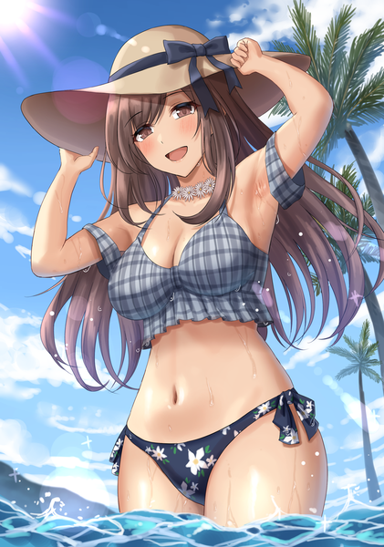 Anime picture 1908x2719 with idolmaster idolmaster shiny colors tsukioka kogane asarime single long hair tall image looking at viewer blush fringe highres breasts open mouth light erotic smile brown hair large breasts brown eyes sky cleavage