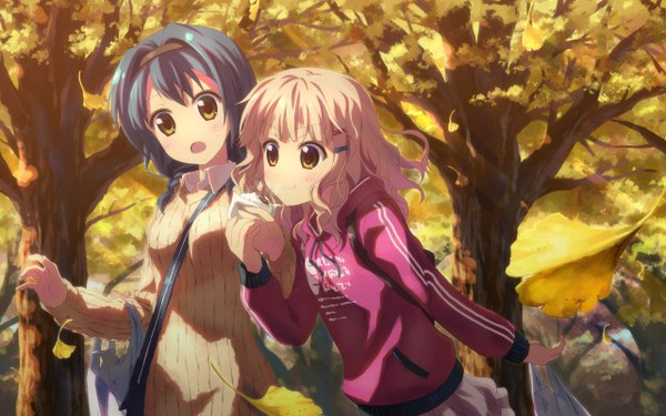 Anime picture 1280x800 with yuru yuri doga kobo toshinou kyouko funami yui yuuki tatsuya short hair blonde hair wide image multiple girls brown eyes blue hair autumn girl 2 girls plant (plants) tree (trees) hairband sweater ginkgo